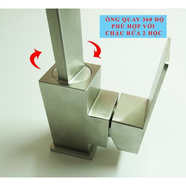 Vòi rửa chén Nóng Lạnh INOX SUS 304 xoay 360 gắn chậu rửa chén TẶNG KÈM 2 DÂY CẤP INOX VRCV03