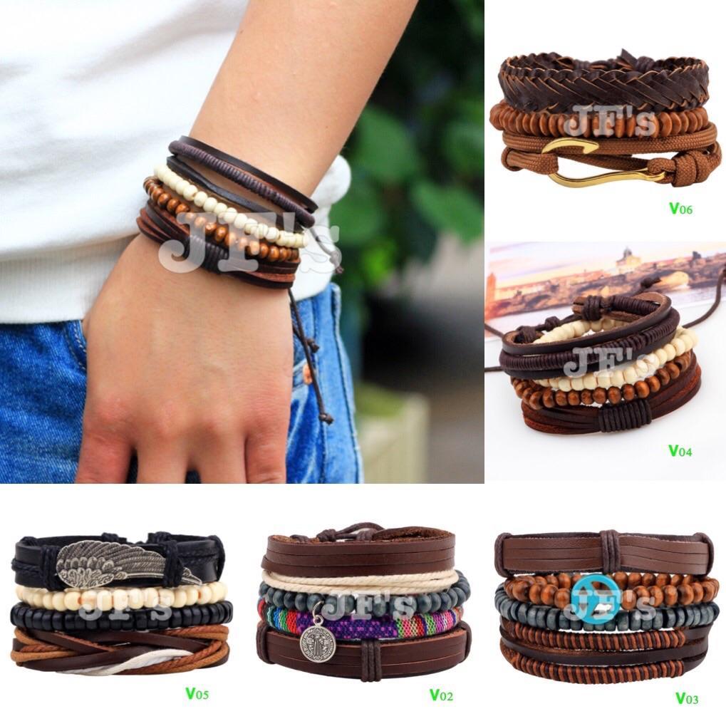 Vòng đeo tay nam nữ da bò hạt gỗ, vòng tay bohemian unisex