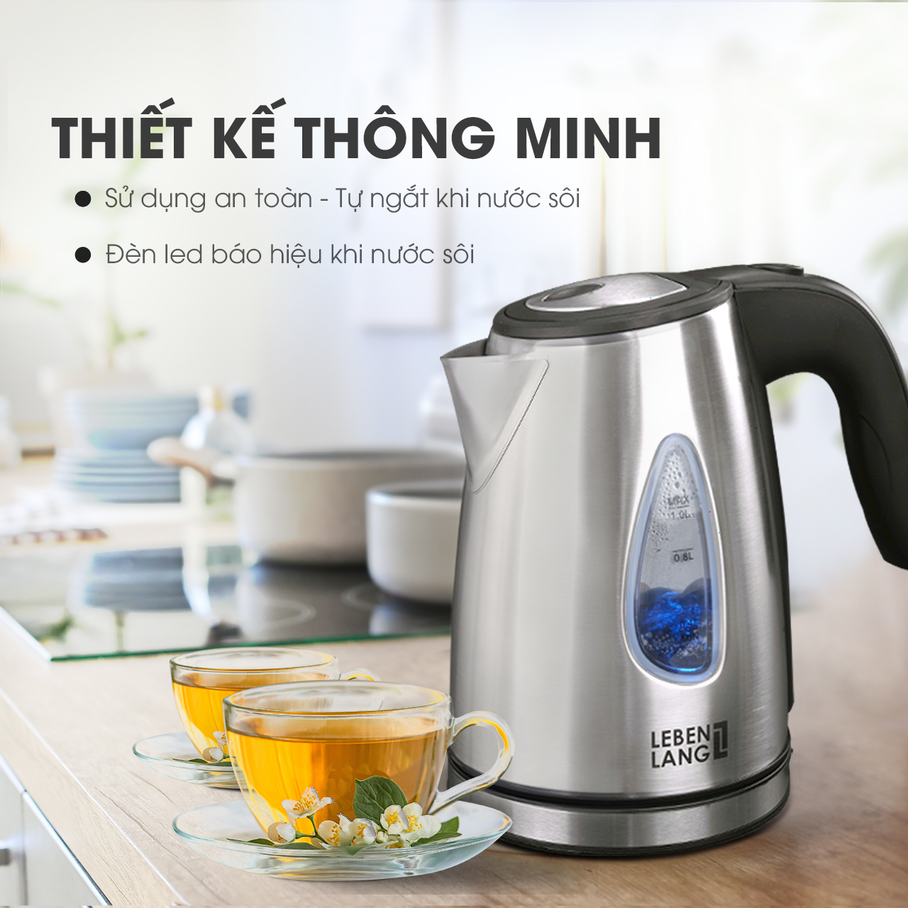 Ấm siêu tốc mini Lebenlang LBL2839, công suất 1630W, dung tích 1L, thiết kế nhỏ gọn, bảo hành 2 năm - hàng chính hãng