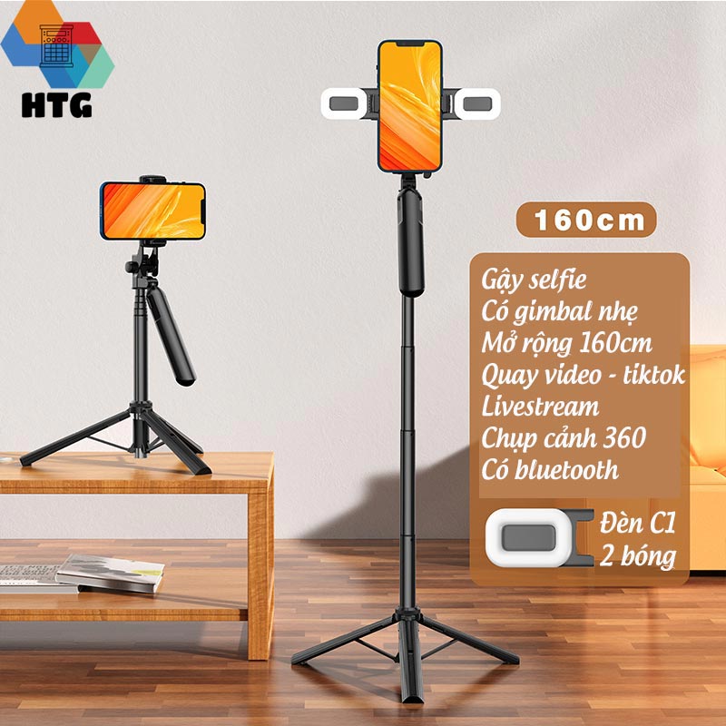 Gậy chụp hình livestream CYKE A61 siêu dài 160cm, có gimbal nhẹ, tích hợp 2 đèn LED chiếu sáng, hàng chính hãng