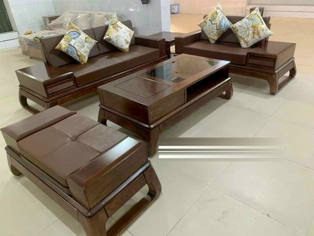 Bộ bàn ghế phòng khách, bàn ghế sofa 2 văng gỗ sồi mẫu hiện đại sang trọng