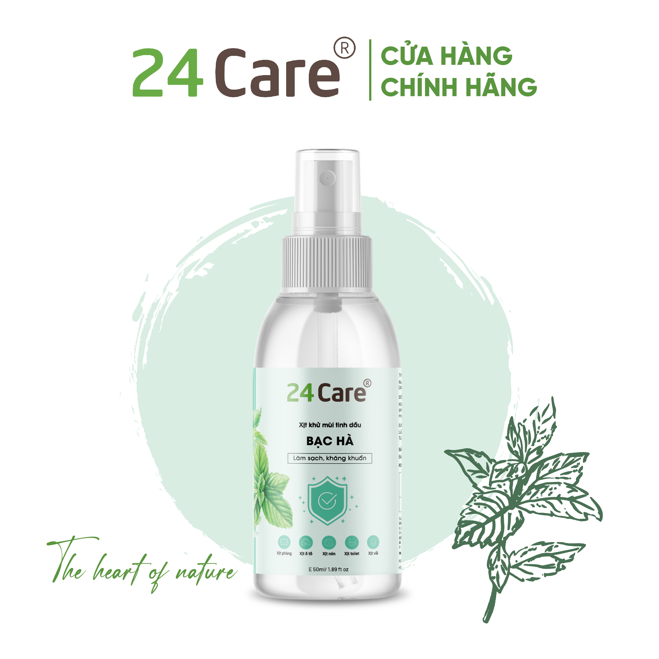 Xịt Phòng Tinh Dầu Bạc Hà Hữu Cơ Organic 24Care 50ML/100ML - Kháng khuẩn - Khử mùi hôi - Đuổi muỗi, côn trùng - Tập trung tinh thần làm việc, lái xe, học hành - Hương thơm thư giãn.