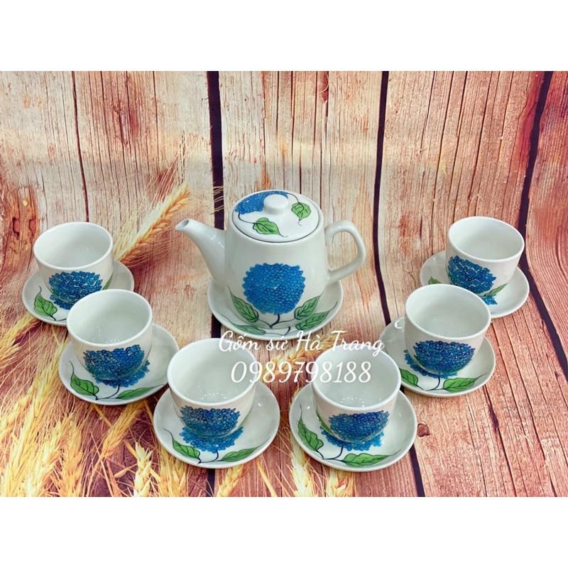 Bộ ấm chén quả dưa vẽ cẩm tú cầu gốm sứ Bát Tràng cao cấp dung tích 650ml