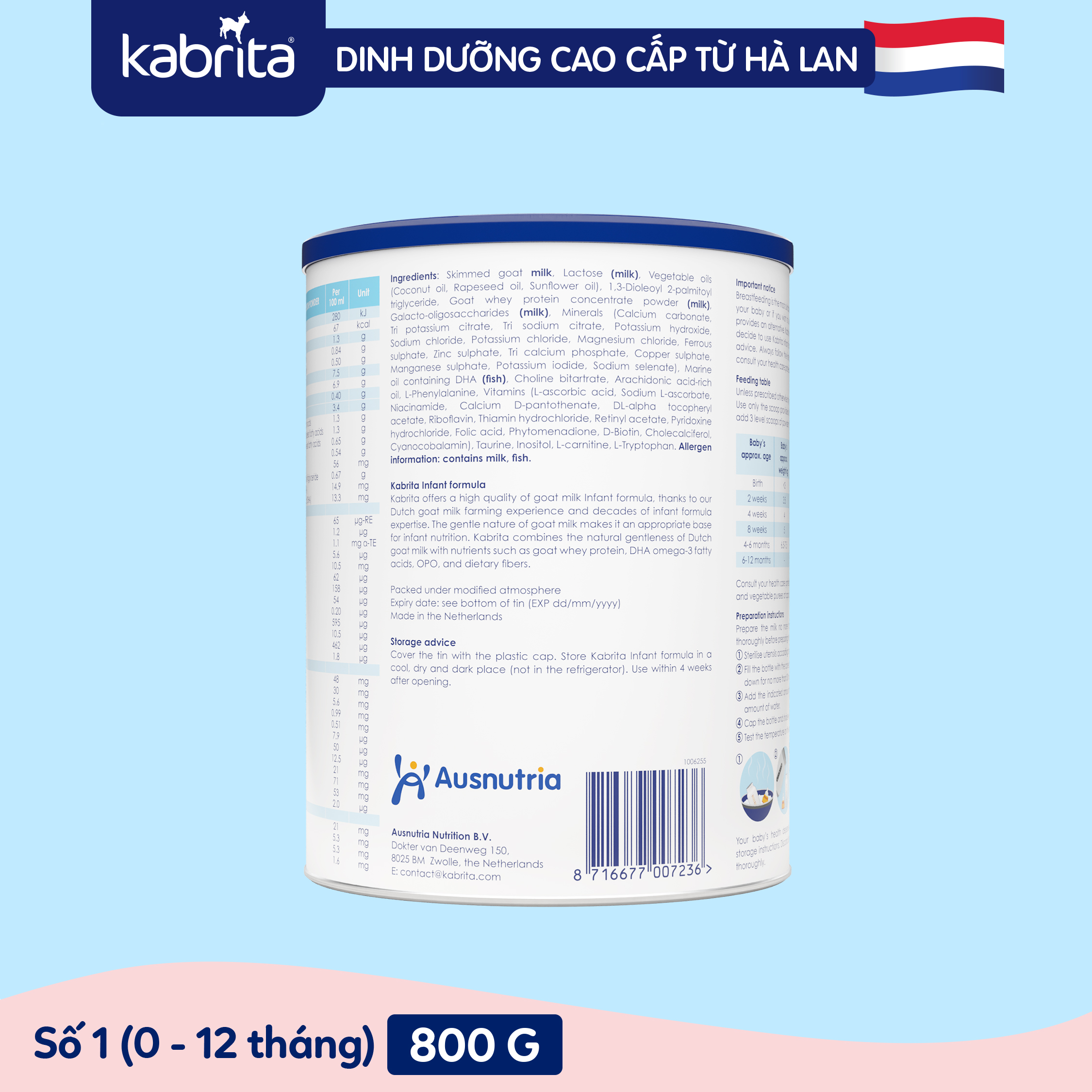 [TẶNG TÚI BỈM] COMBO 3 Sữa dê Kabrita số 1 cho trẻ- Lon 800g