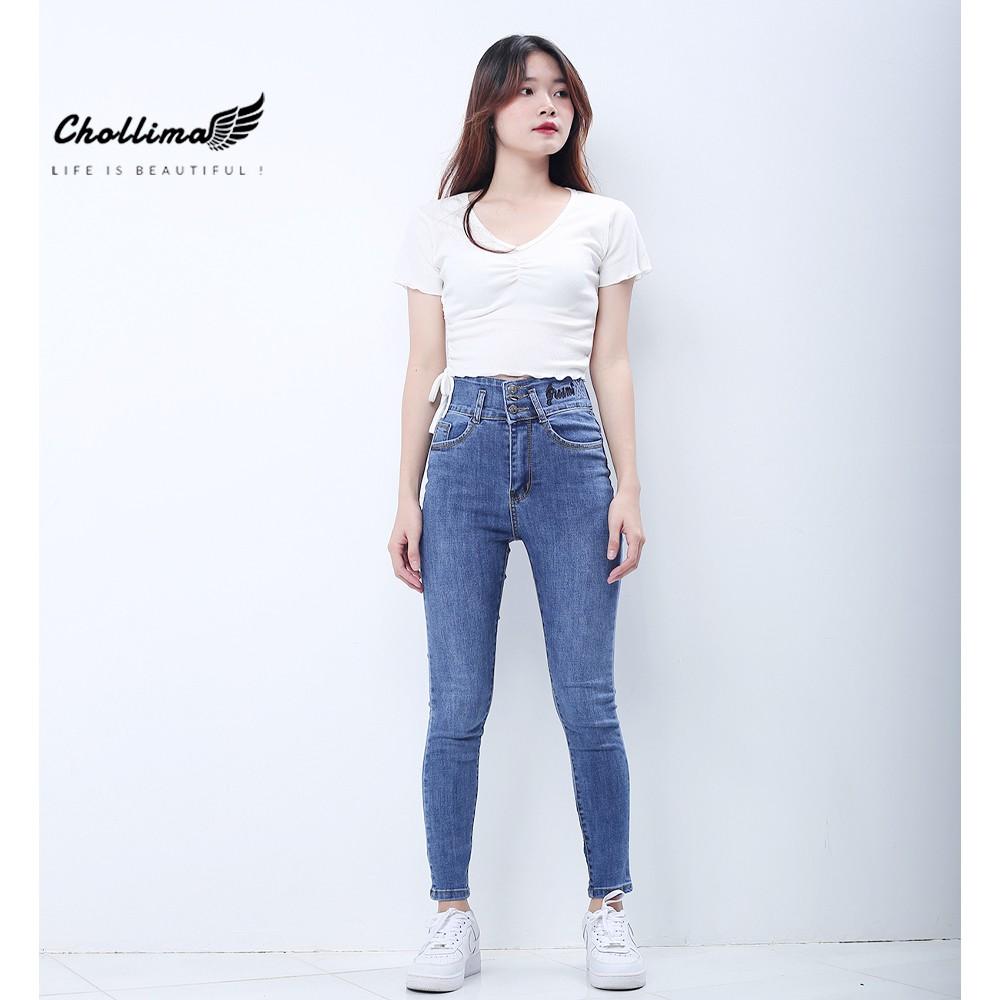 Quần jeans nữ co giãn Chollima cạp siêu cao thêu chữ JEAN X màu xanh nhạt QD035