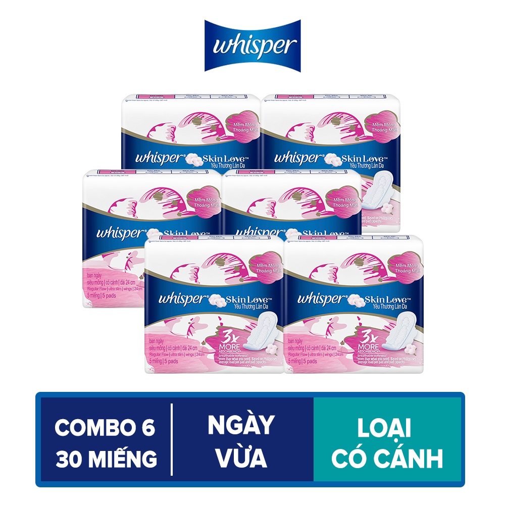 Combo 6 Băng Vệ Sinh Whisper SkinLove Siêu Mỏng Có Cánh Ngày Vừa 24cm (Gói 5  Miếng)