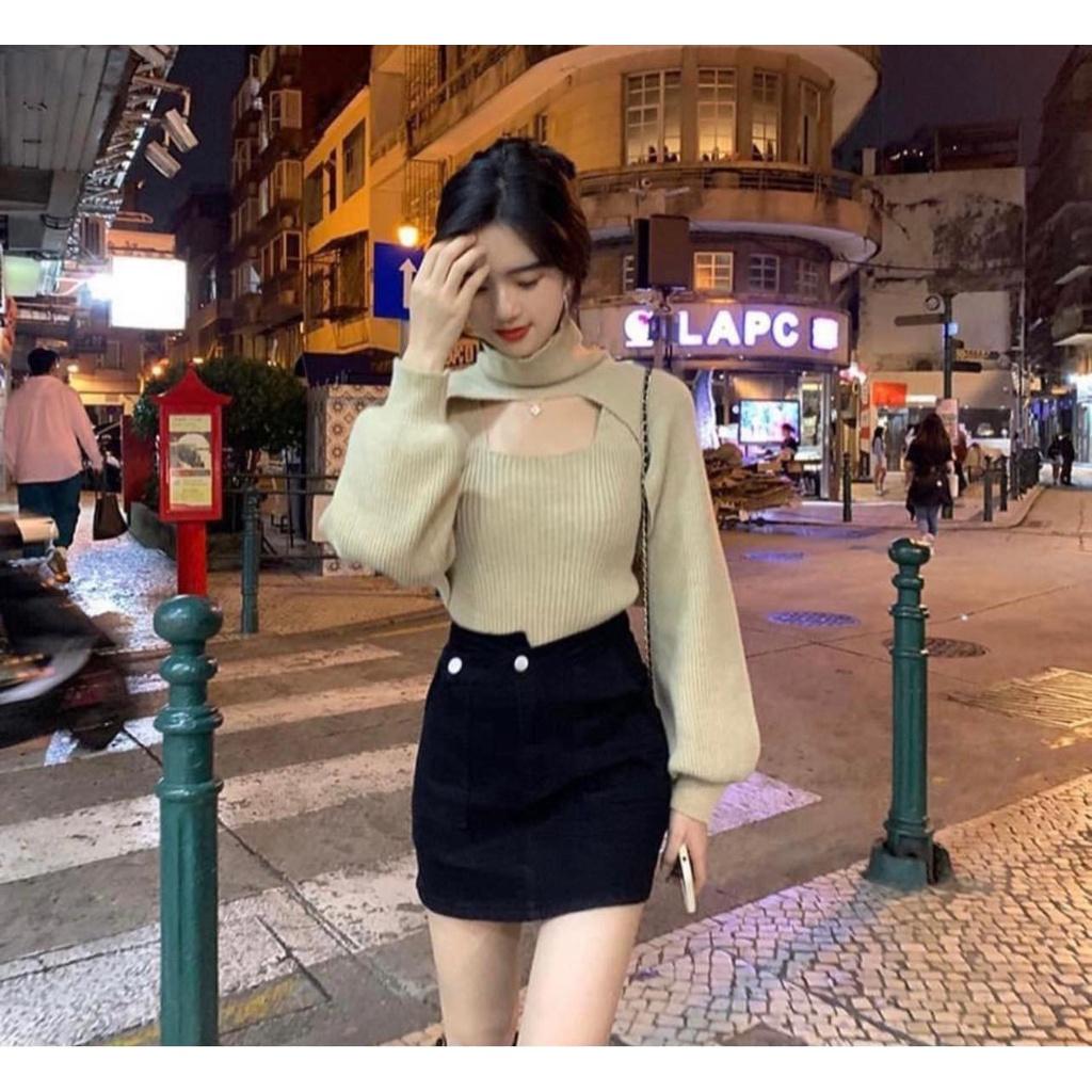 Set croptop len tăm cổ lọ nữ Nana's House -  Bộ áo 3 lỗ dáng ôm body kèm áo trơn cộc dài tay cao cổ