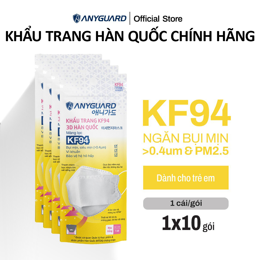 ComBo 10 Chiếc Khẩu Trang Trẻ Em KF94 - Form 3D Cao Cấp Chống Bụi Siêu Mịn 0.4um Anyguard Hàn Quốc Chính Hãng - 4 Lớp - 베이비 마스크 - Face Mask For Kids-ISO 9001:2015, ISO 13485:2016, QCVN 01:2017/BTC