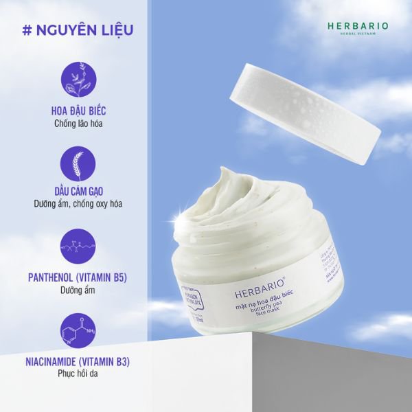 Bộ 5 Hoa Đậu Biếc Herbario: Nước tẩy trang 300ml +Sữa rửa mặt tạo bọt 100ml+mặt nạ 30ml + Toner 200ml + Tinh chất 30ml