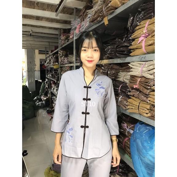 Đồ Lam Đi Chùa quần áo Phật Tử bộ bà lai cổ tàu thêu sen