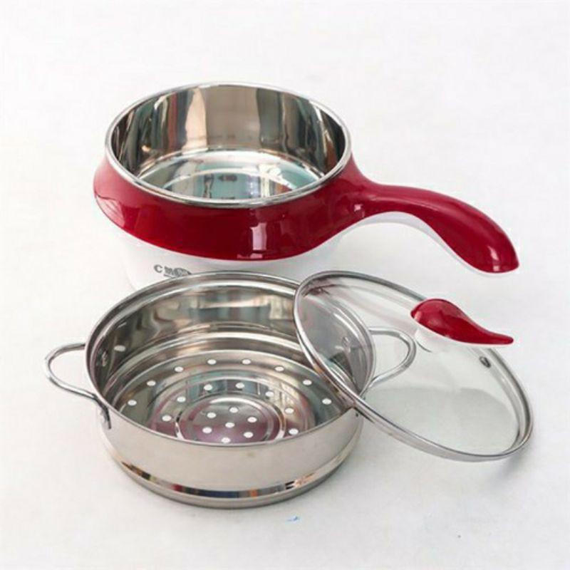 Nồi lẩu mini 2 tầng có khay hấp inox đa năng - Chảo lẩu điện mini ca nấu mì kèm vỉ hấp bánh bao