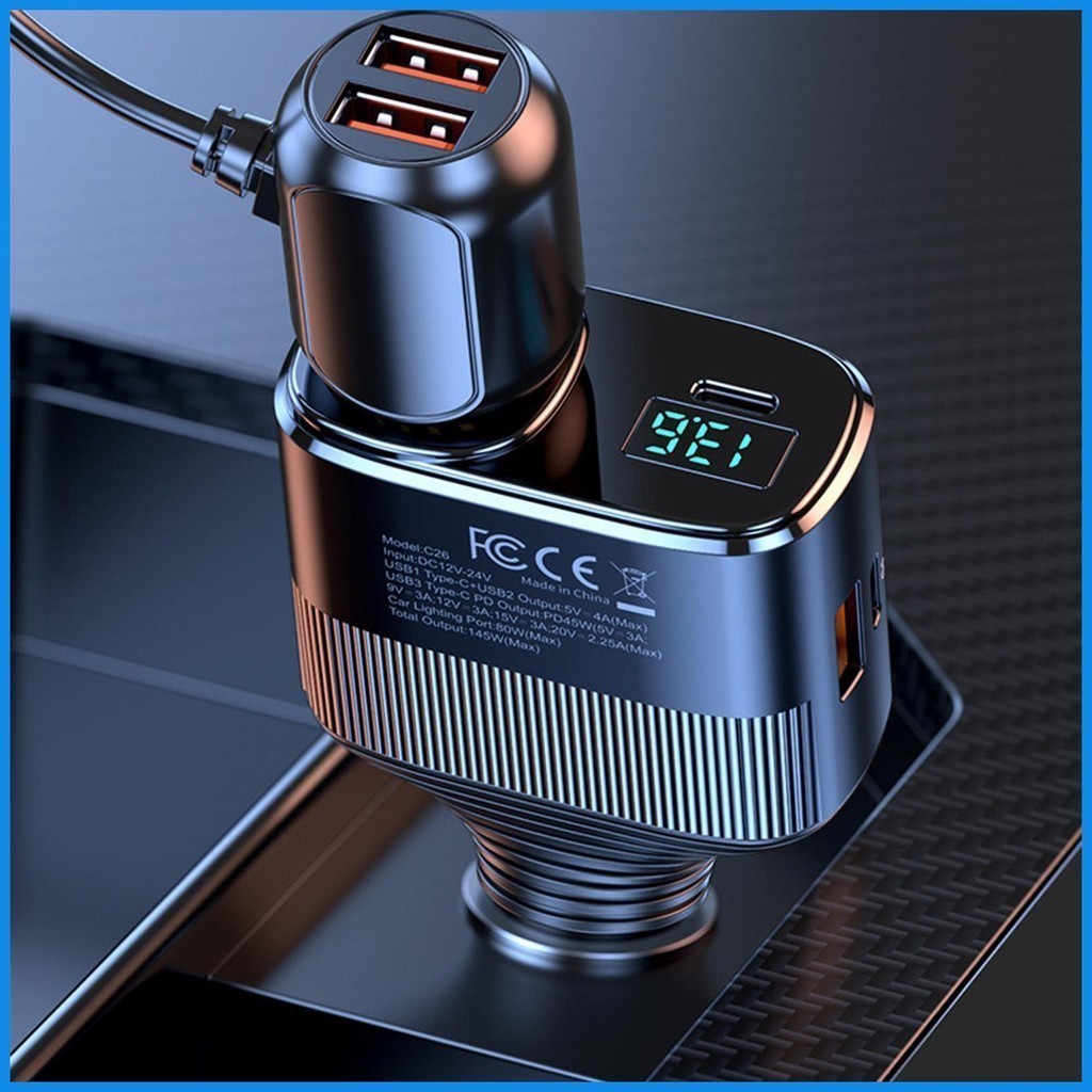 Tẩu Sạc Siêu Nhanh PD 45W Trên Ôtô Công Suất Cao 145W Với 4 Cổng Đa Năng Có Màn Hình Hiển Thị - Hàng Nhập Khẩu