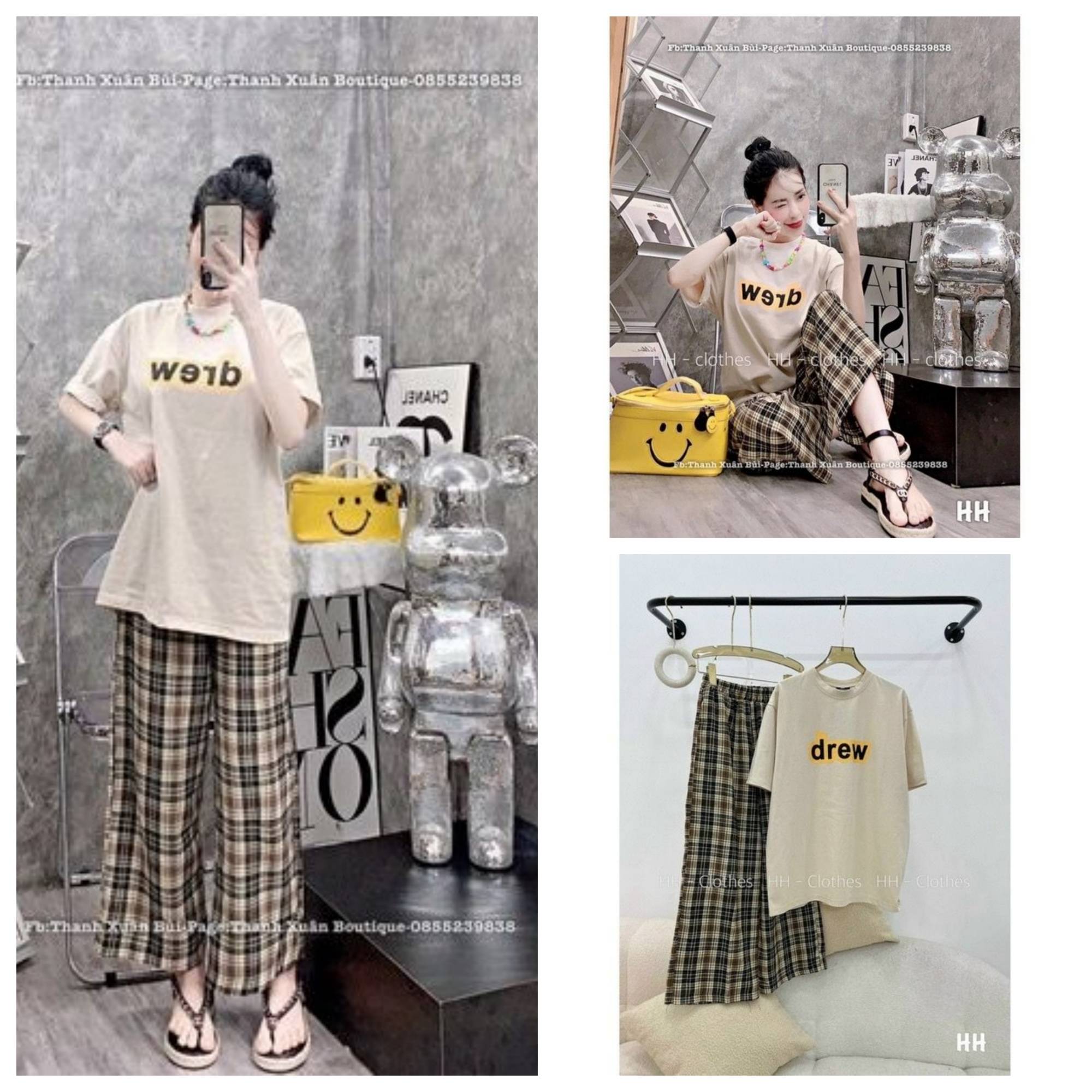 SET BỘ ÁO PHÔNG COTTON CHỮ DREW MIX QUẦN KẺ NỮ SETN760