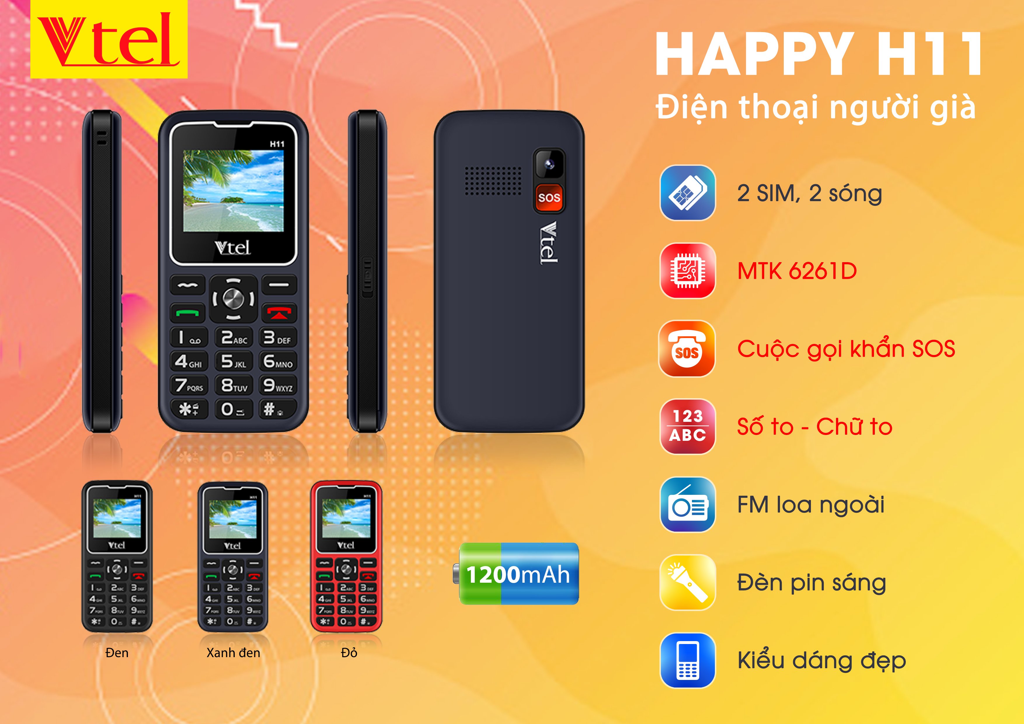 Điện thoại Vtel Happy H11 (Điện thoại cho người già - 2 Sim) - Gọi SOS khẩn,  Số To, Chữ To, Loa to, FM loa ngoài, Pin lớn, Thiết Kế Đẹp - Hàng Chính Hãng