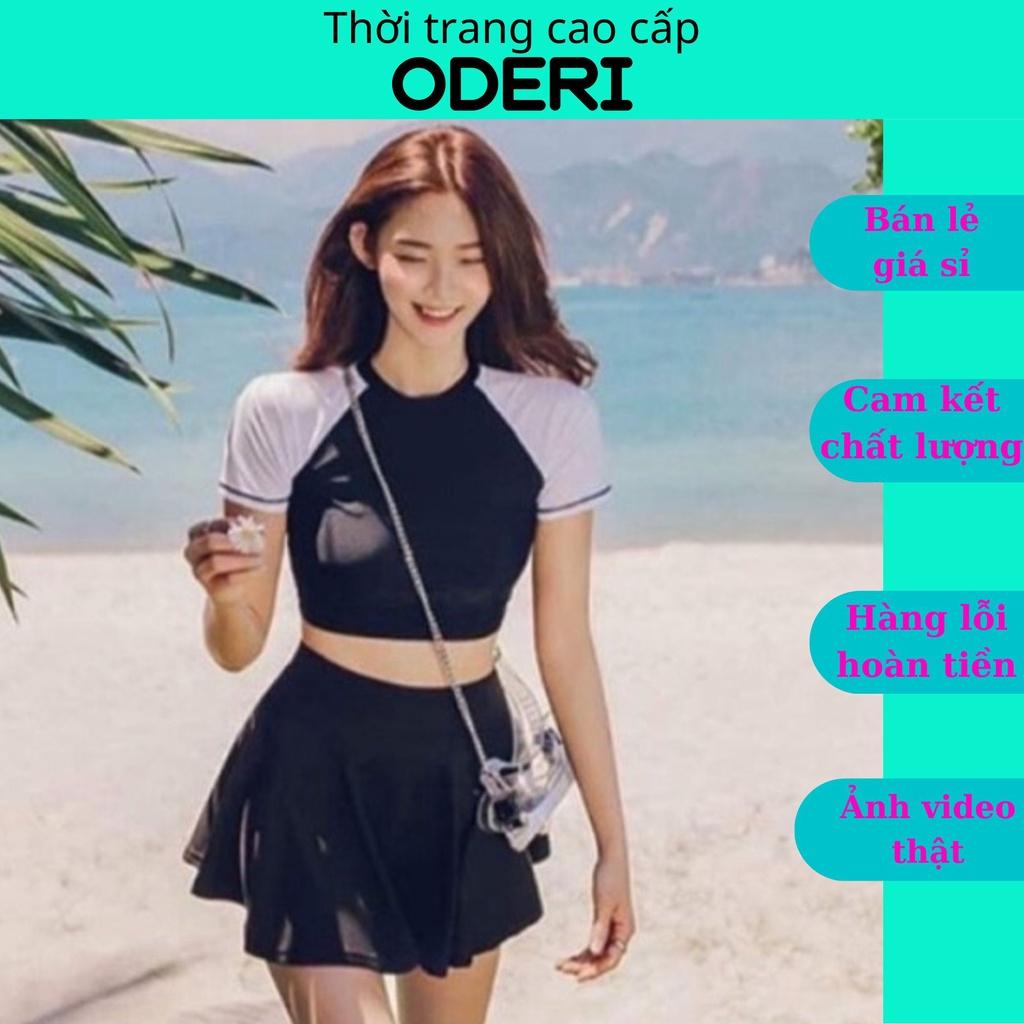 ℗SET BIKINI, ĐỒ BƠI ĐI BIỂN HAI MẢNH ÁO TAY NGẮN TRẮNG ĐEN CHÂN VÁY XÒE DỄ THƯƠNG ODERI HM-209