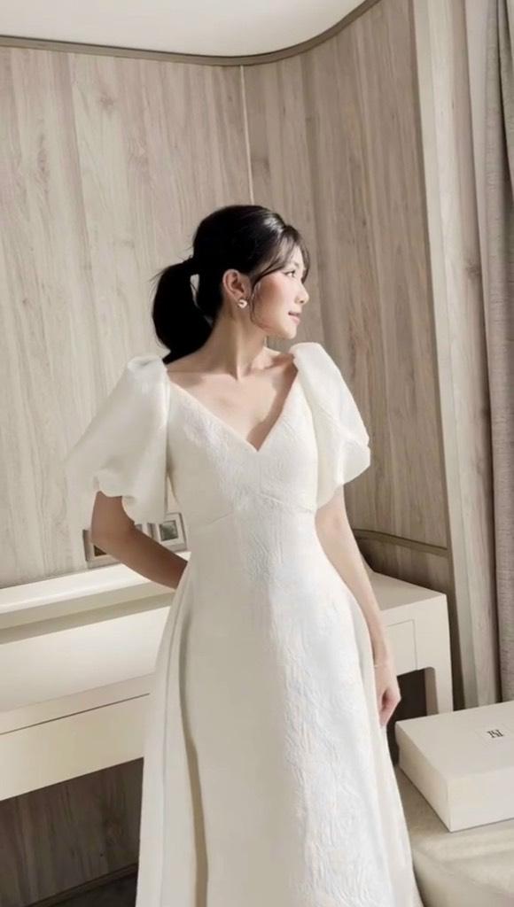ĐẦM XÒE GẤM HOA CỔ V TAY PHỒNG 14438