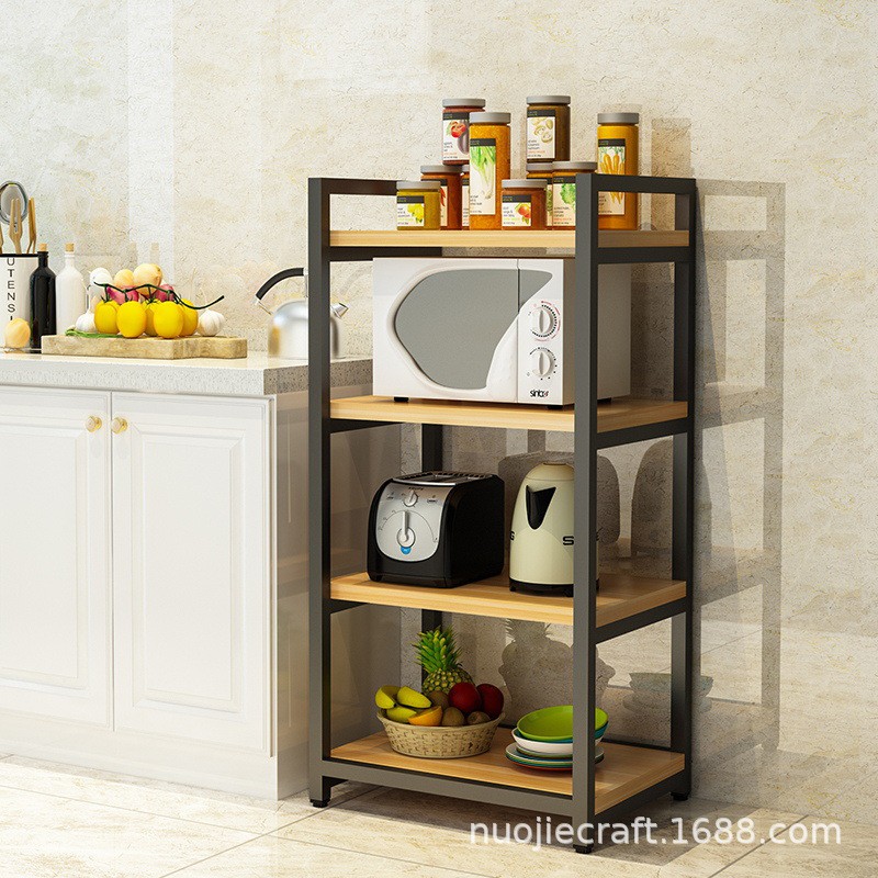 Kệ để lò vi sóng 4 tầng khung thép sàn gỗ, kệ đa năng đựng vật dụng nhà bếp tiện dụng
