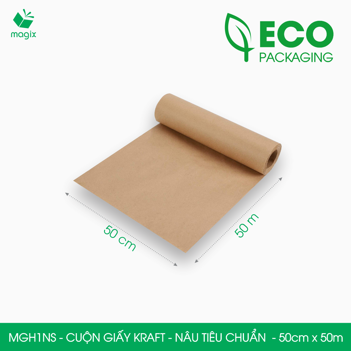 MGH1NS - 50cm x 50m - Cuộn giấy Kraft nâu tiêu chuẩn gói hàng, giấy gói quà, giấy lót