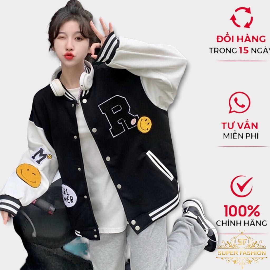 Áo Khoác Nỉ Bomber Nữ Fashion in Họa Tiết Chữ R Tay Phối Mặt Cười Chất Nỉ Bông Dày Đep Hot Trend