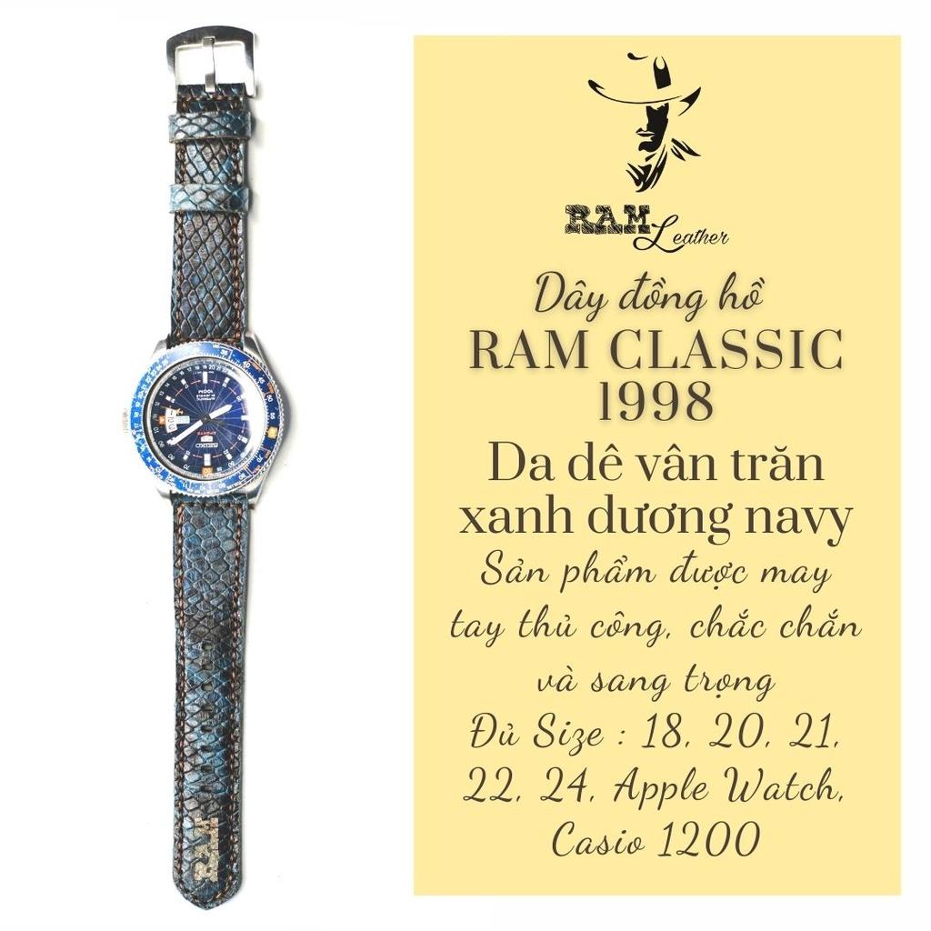 Dây đồng hồ da dê handmade bền chắc cao cấp xanh dương navy RAM 1998 - tặng khóa chốt và cây thay dây