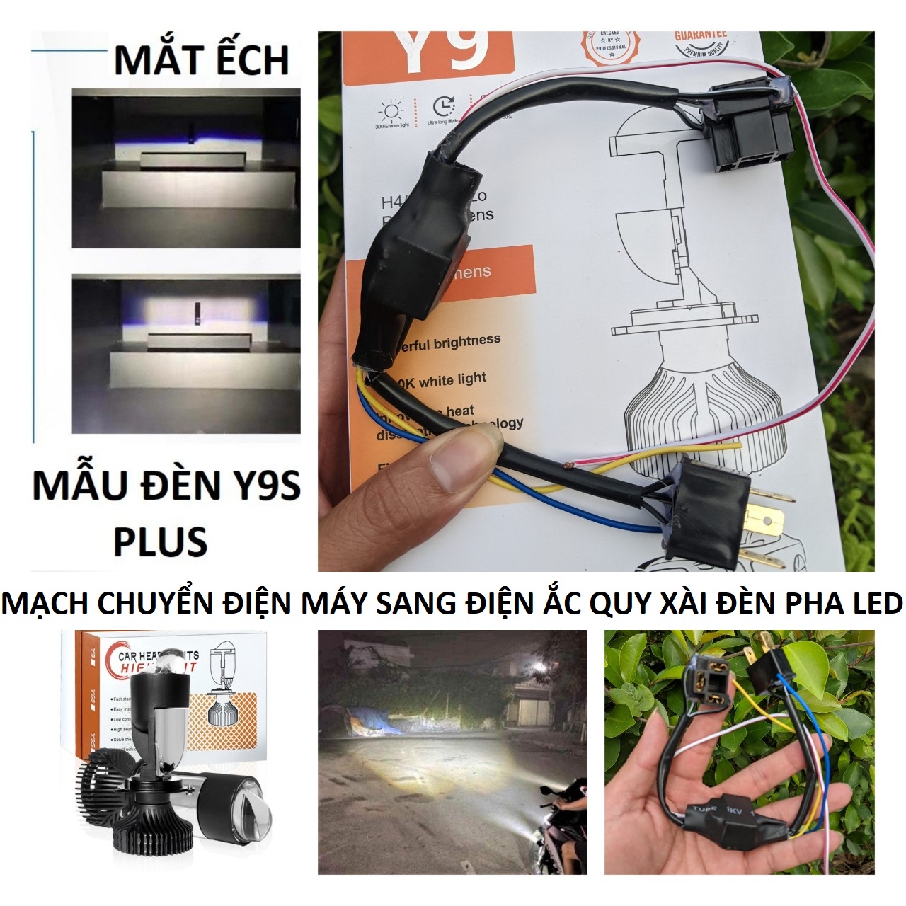 Đèn pha LED bi cầu Y9S 65W ánh sáng gom siêu sáng chân H4 lắp ô tô xe máy có trợ pha laze hàng cao cấp, đồ chơi xe hơi
