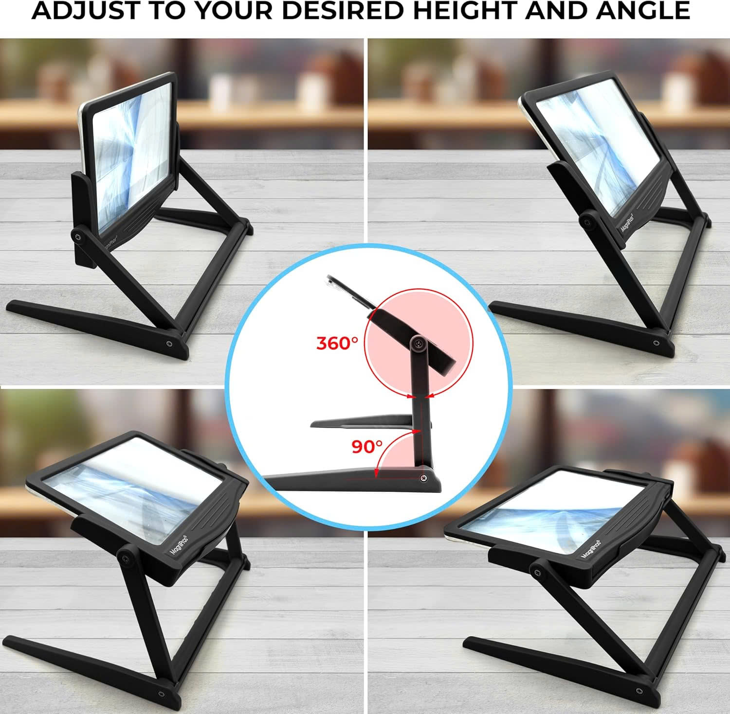 Kính lúp đọc sách cỡ lớn cao cấp Magnipros 1820BK+ST+FBA (5X, có đèn led 3 chế độ màu vô cấp để giảm mỏi mắt, có khung đỡ)