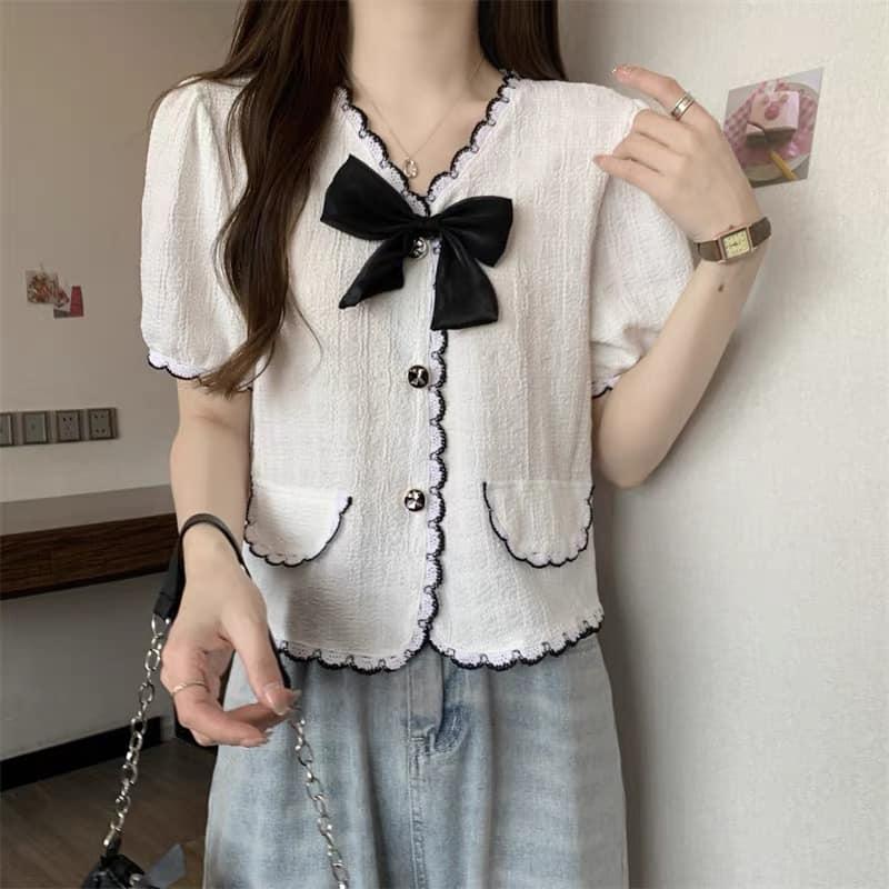Áo sơ mi vải xốp cách điệu phối nơ đen thời trang NIEVE