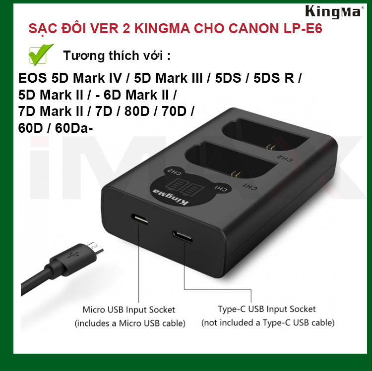 BỘ 1 PIN 1 SẠC ĐÔI VER 2 KINGMA CHO CANON LP-E6 - HÀNG CHÍNH HÃNG