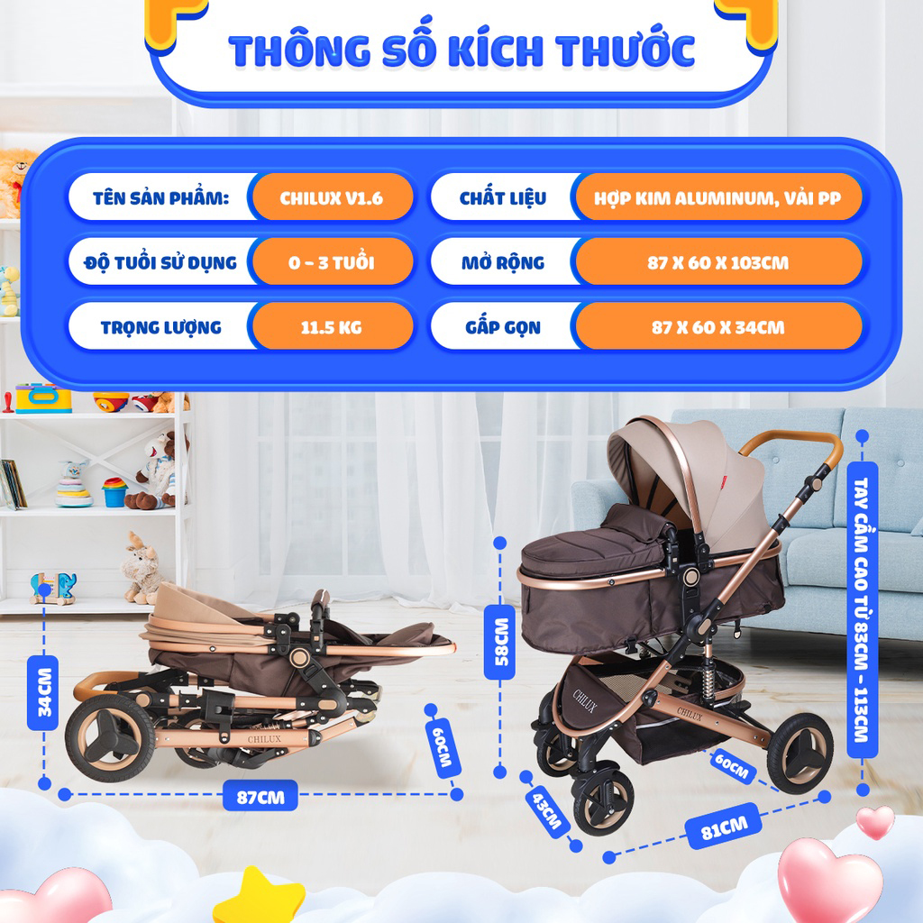 Xe đẩy kiêm nôi ru cho bé Kawaii Home, Xe đẩy 2 chiều có thể gấp gọn mang đi du lịch tiện lợi