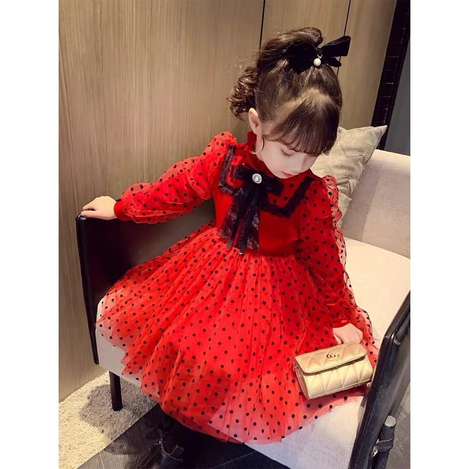Đầm tết bé gái chấm bi ren đỏ SMS66