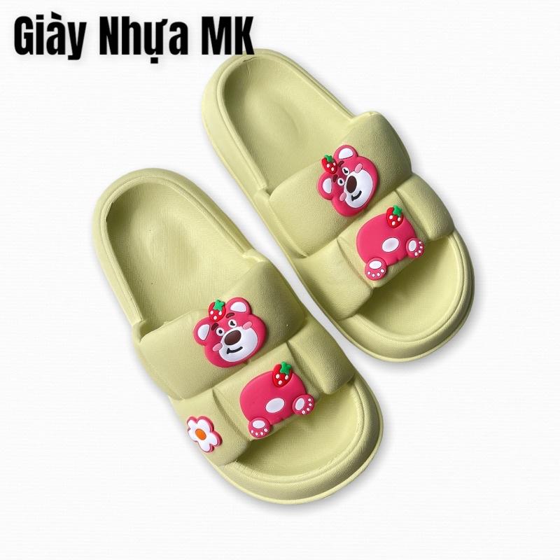 Dép bánh mì nữ quai ngang ô vuông đính sticker gấu hồng siêu cute mang êm chân mềm mại siêu bền - DL160