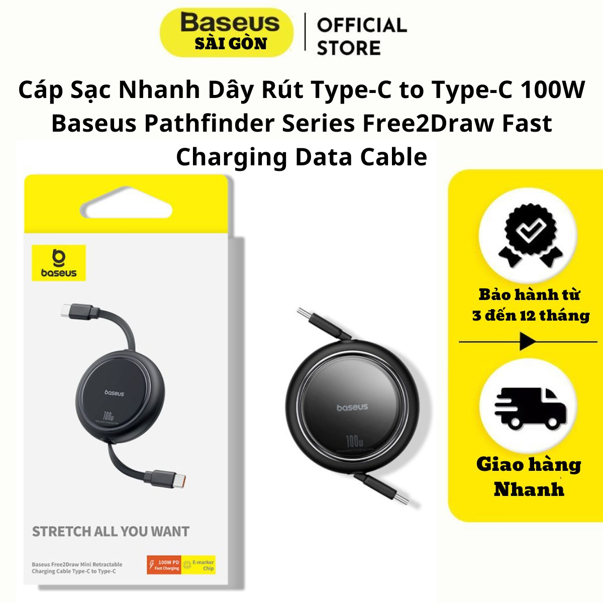 Cáp sạc Baseus Pathfinder Series Free2Draw Fast Charging Data Cable 100W nhanh dây rút Type-C to Type-C- hàng chính hãng