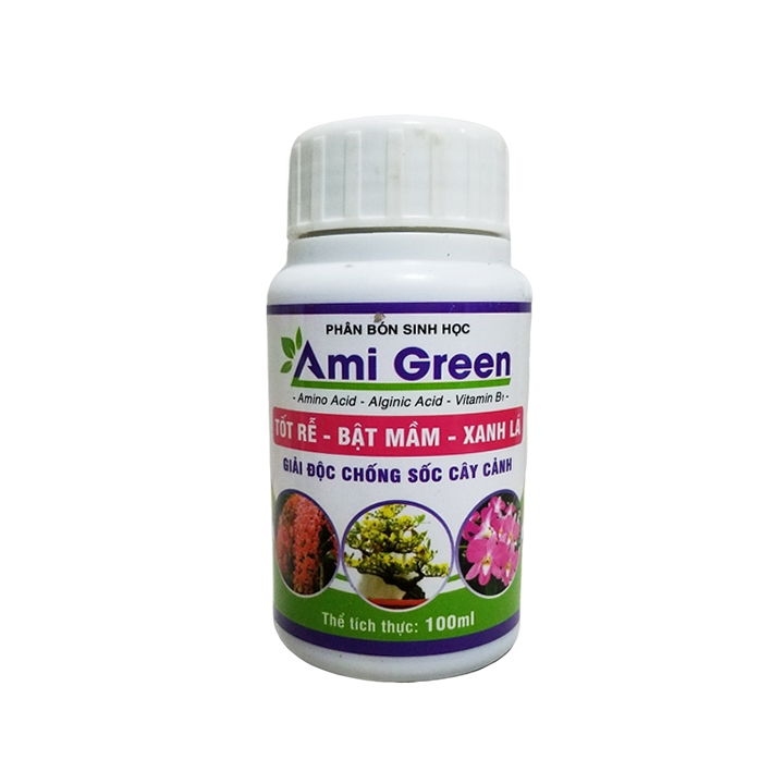 Phân bón sinh học AMI GREEN 100ml giải độc chống sốc cây cảnh  Amino Acid – Alginic Acid – Vitamin B1 giúp phát triển bộ rễ, bật mầm, xanh lá cây
