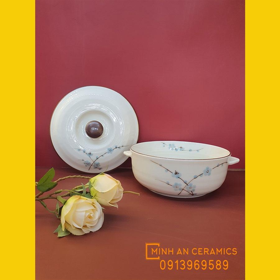 Âu đựng cơm có nắp men kem vẽ hoa văn thủ công gốm sứ Minh An Bát Tràng