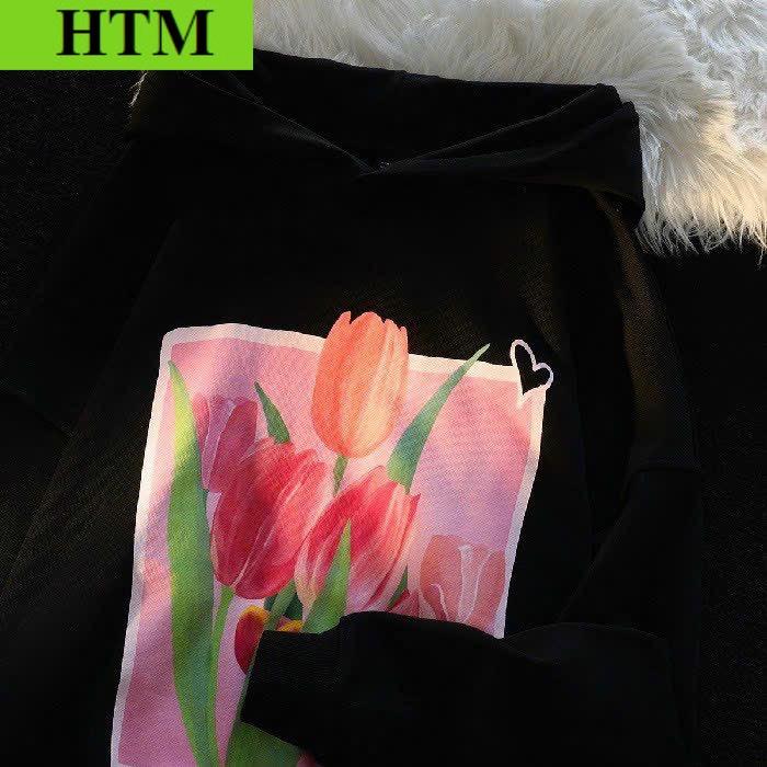 [FREESHIP] Áo Khoác Nỉ Hoodie Form Rộng Áo Dày Dặn Trước Áo In Hình Bông Hoa TULIP HTM FASHION - Đen