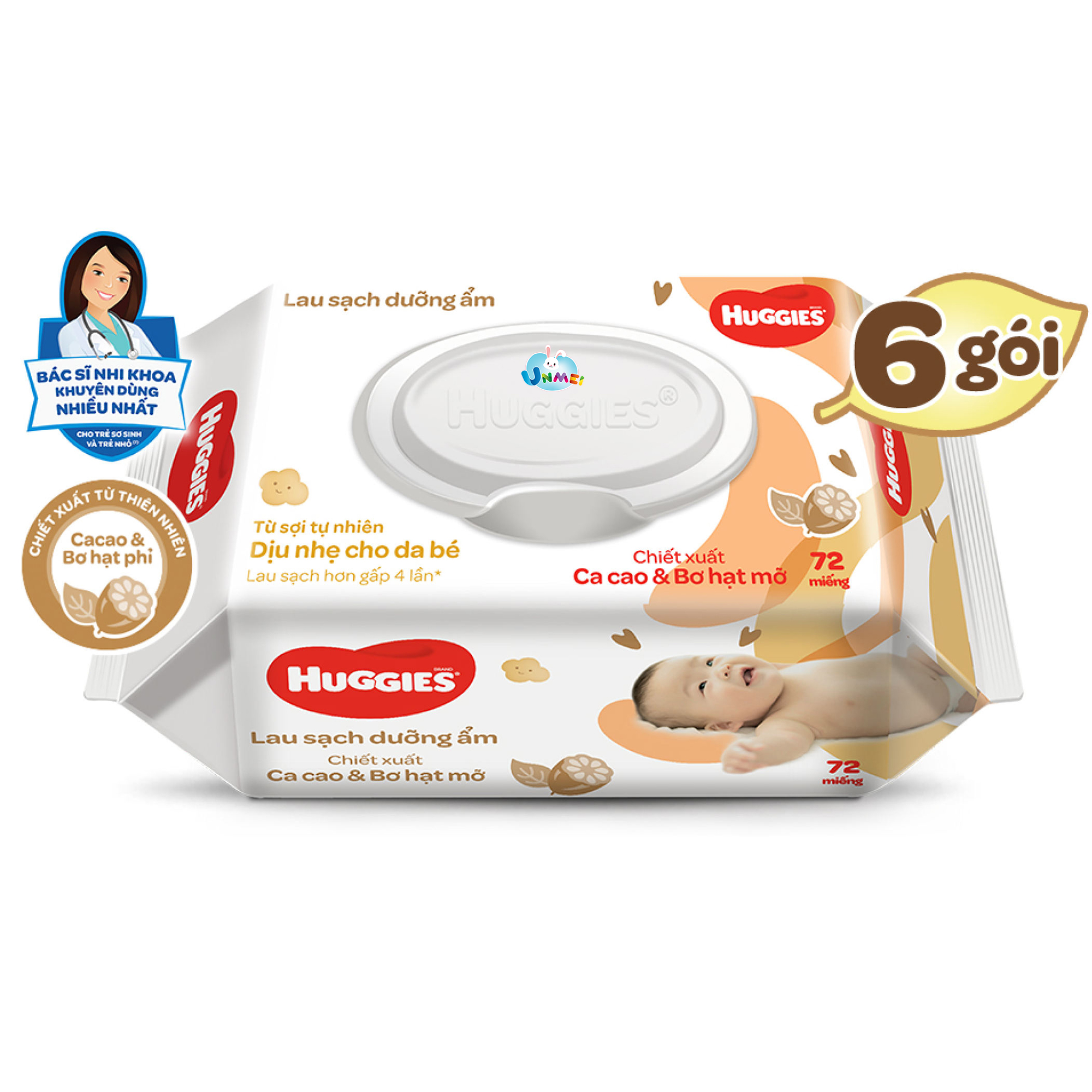 Combo 6 gói Khăn giấy ướt cho trẻ sơ sinh HUGGIES (Gói 72 tờ) - Chiết xuất Cao cao & Bơ hạt mỡ