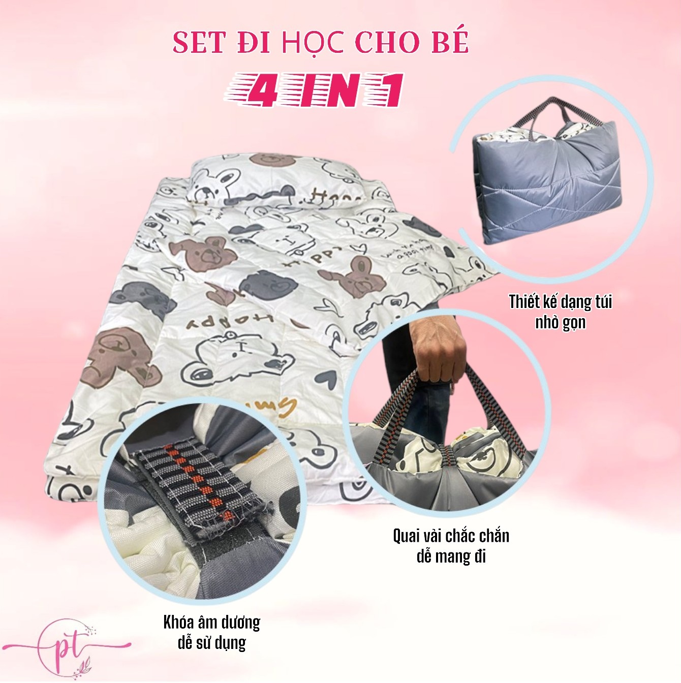 Set Đi Học Cho Bé Chống Thấm Gấp Gọn 4 Trong 1 Tiện Lợi Có Tay Cầm Size 70x120cm Hoặc 70x140cm Giao Màu Ngẫu Nhiên