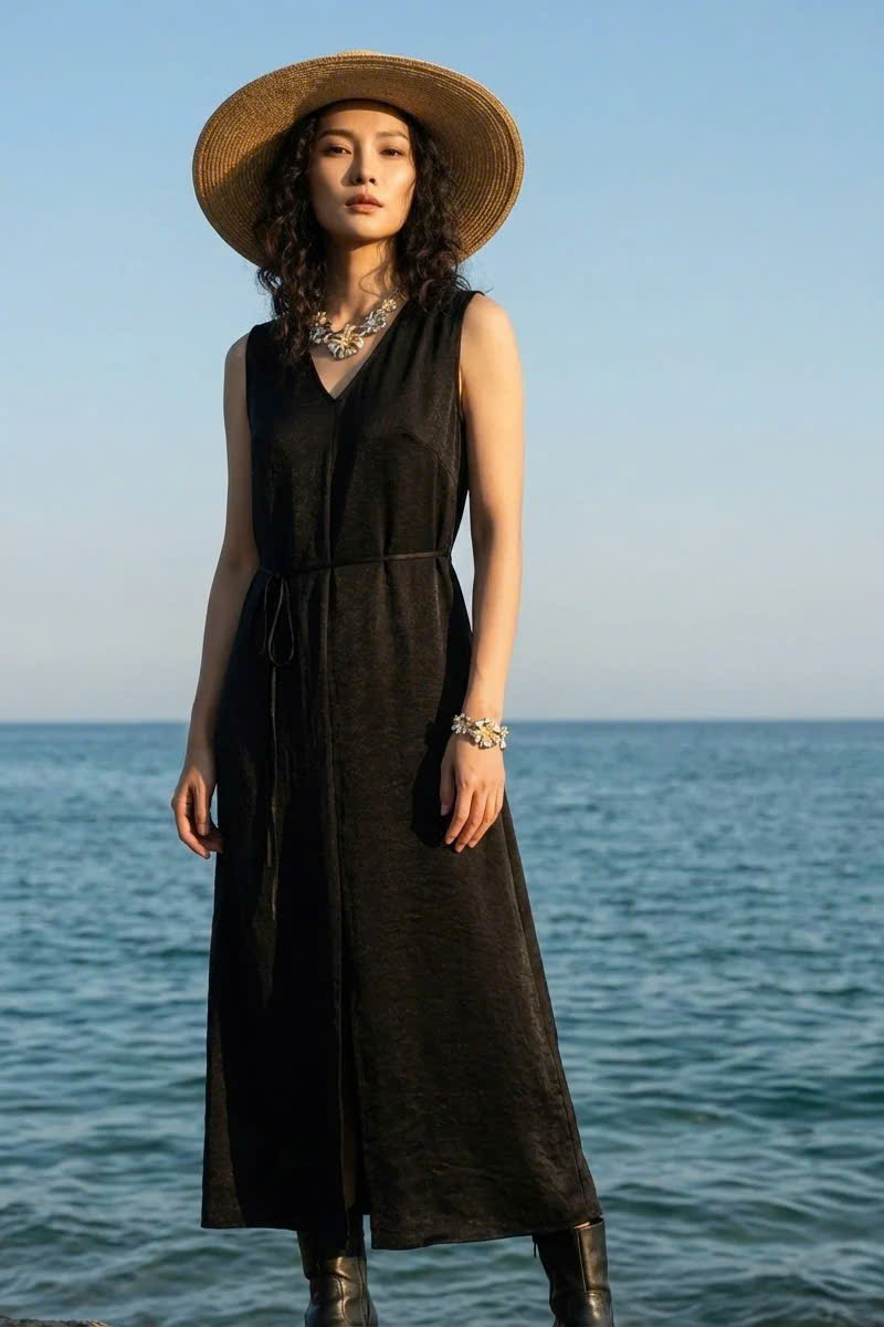 Đầm Maxi Dáng Suông Lụa Đen Hải Thạch Dre202 thời trang thiết kế Hity