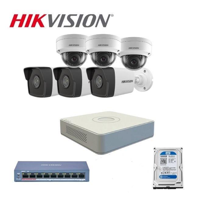 Trọn bộ 6 camera IP bán cầu và thân trụ Hikvision. Đầu ghi 8 kênh DS-7108NI-Q1, xem lại lịch sử gần 20ngày, Full HD - Hàng chính hãng