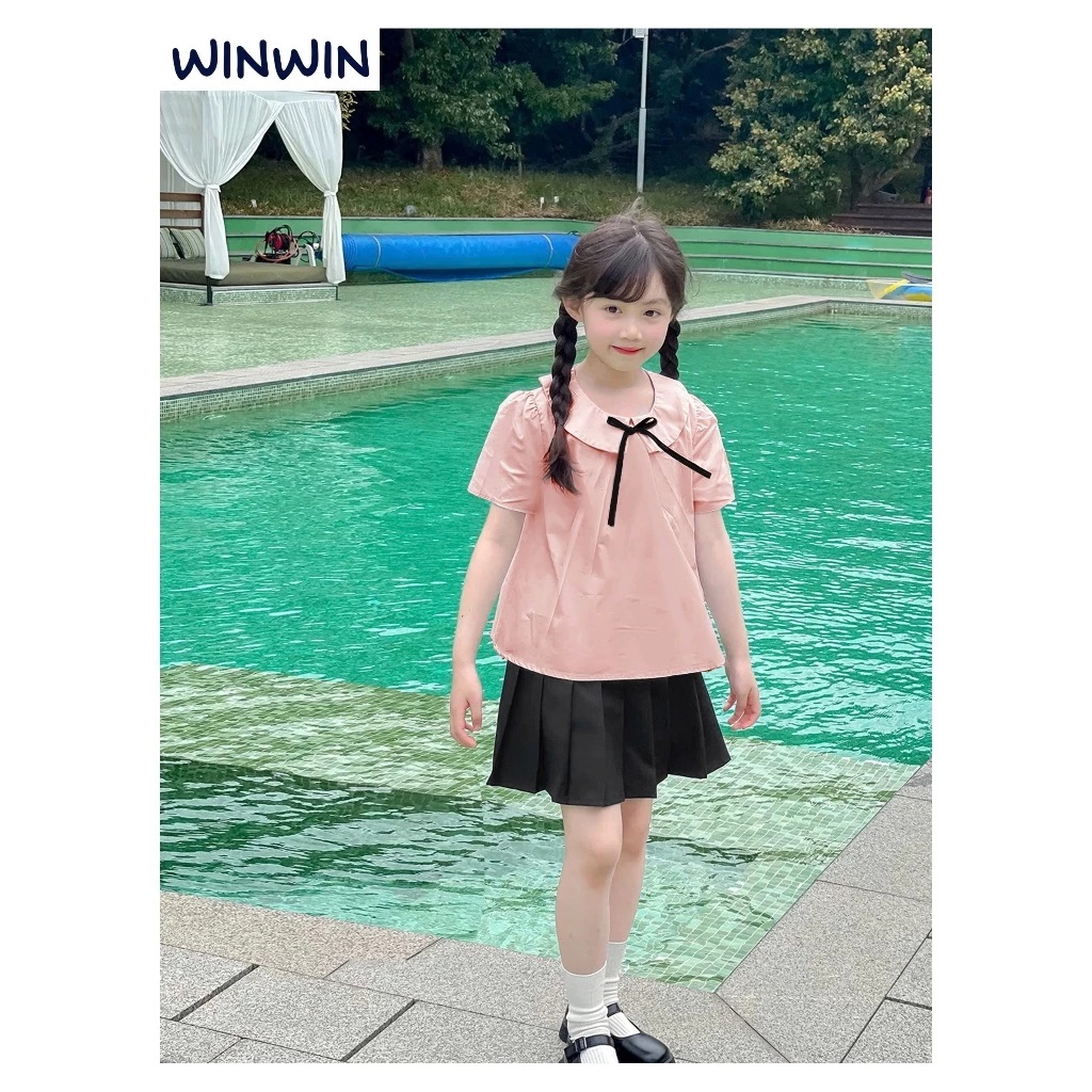 Set Váy Bé Gái, Bộ Bé Gái Phong Cách Học Sinh Áo Kate Cổ Sen Đính Nơ Kèm Chân Váy Xếp Ly Từ 12-45kg Dành Cho Bé Gái