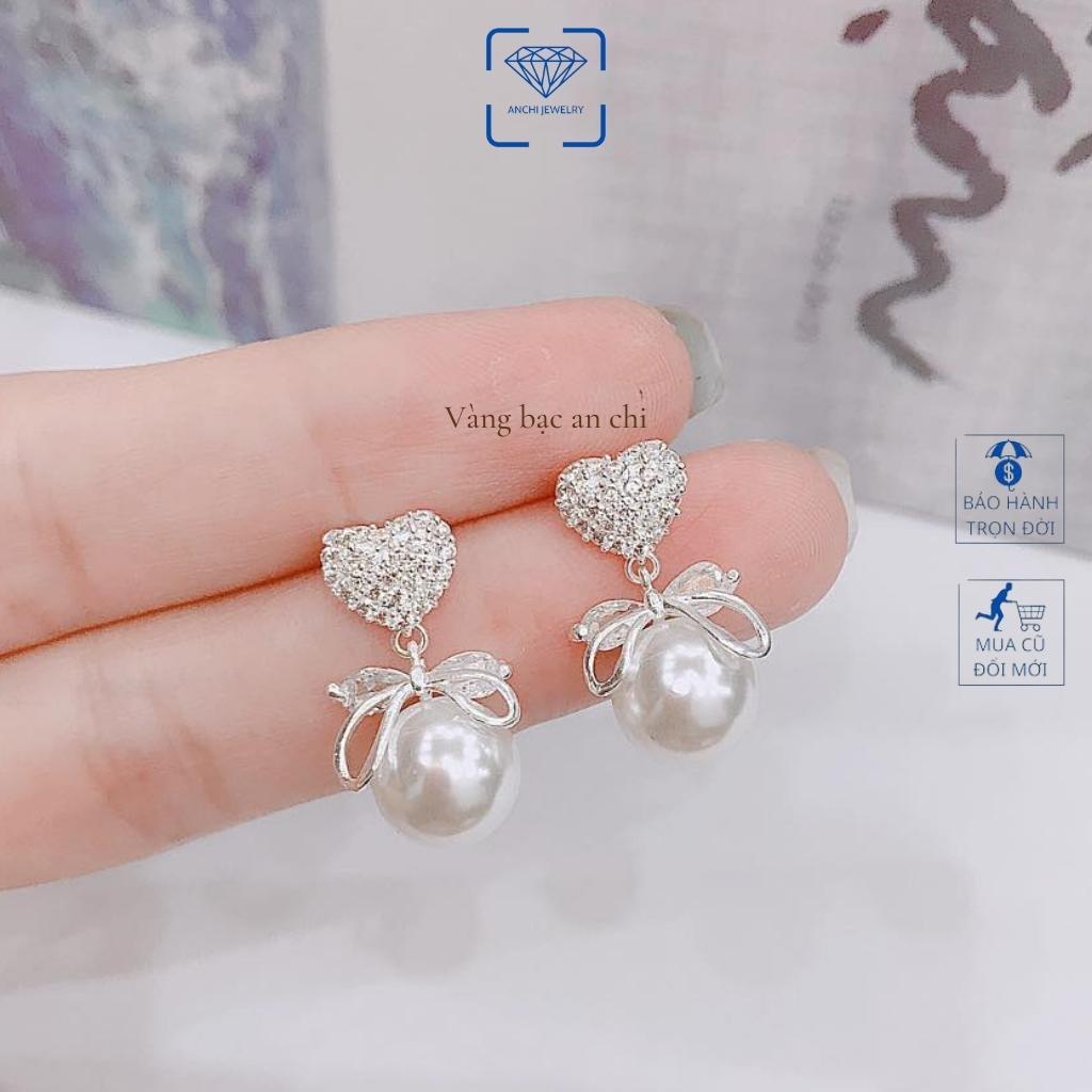 Bông tai dự tiệc sang chảnh,Hoa tai bạc gắn hạt trai đính nơ dễ thương,Anchi jewlery