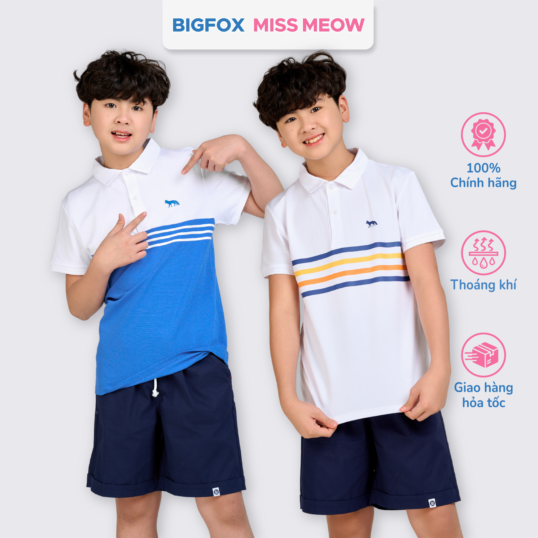 Áo polo hè bé trai Bigfox Miss Meow size đại, áo cá sấu có cổ đồng phục đi học size đại 7-15 tuổi 50kg