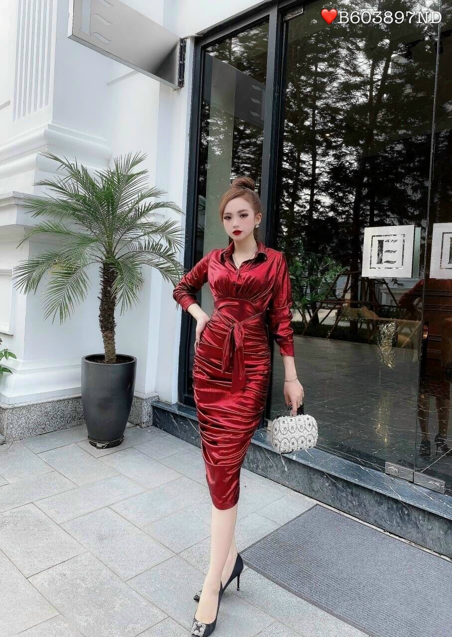 Đầm Body Nhũ Ánh Kim Cao Cấp cổ sơ mi thân nhúng cột eo (SIZE S-M-L-XL)