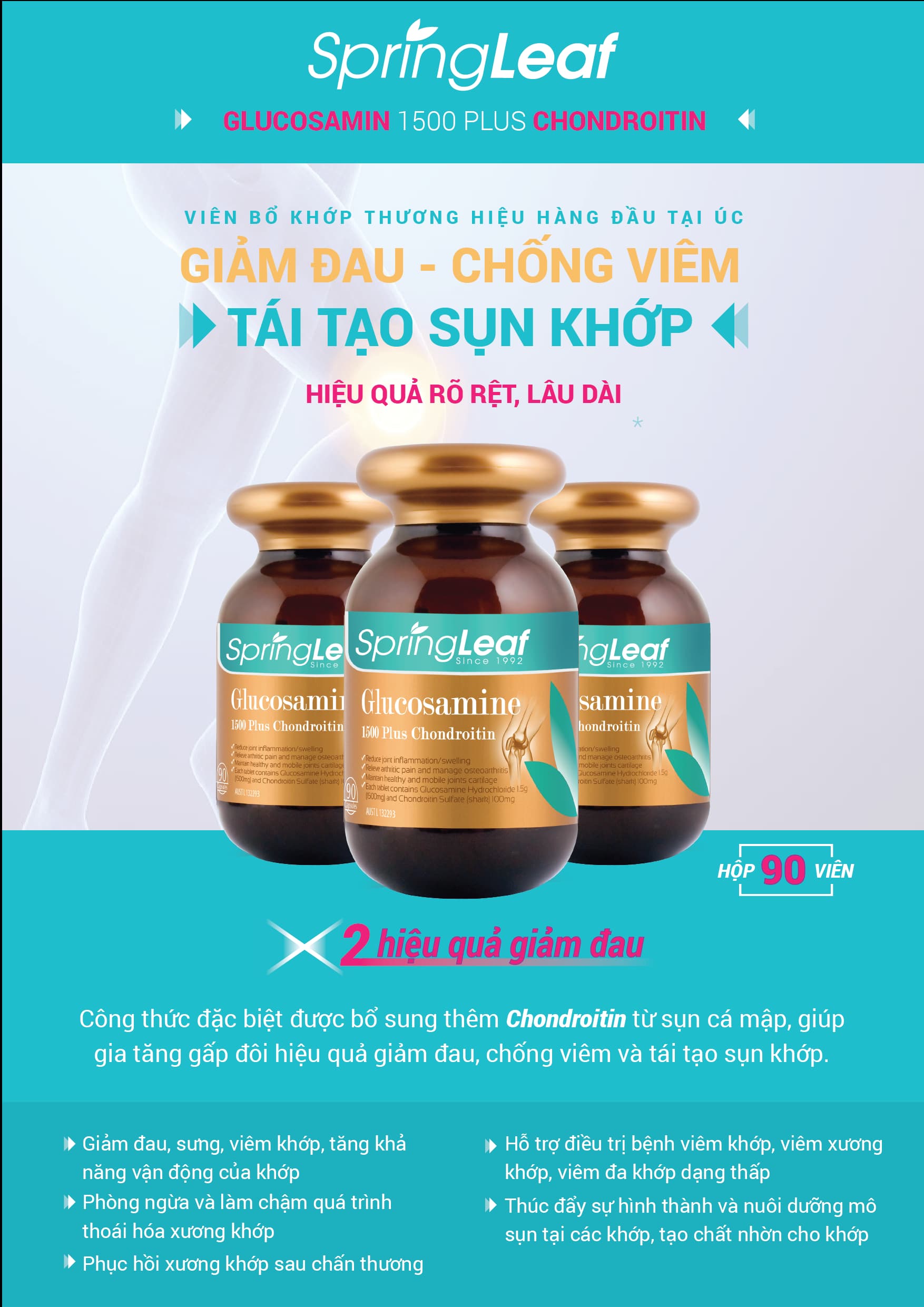 Spring Leaf Glucosamine 1500 Plus Chondroitin – Giảm Đau Chống Viêm – Tái Tạo Sụn Khớp