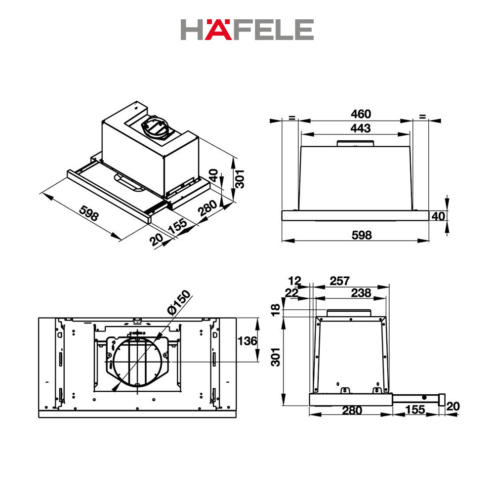 Máy Hút Mùi Âm Tủ Hafele HH-TG60E HH-TG60E (60cm) - 539.81.073 Xuất Xứ Châu Âu Kèm Than Hoạt Tính (Hàng chính hãng)