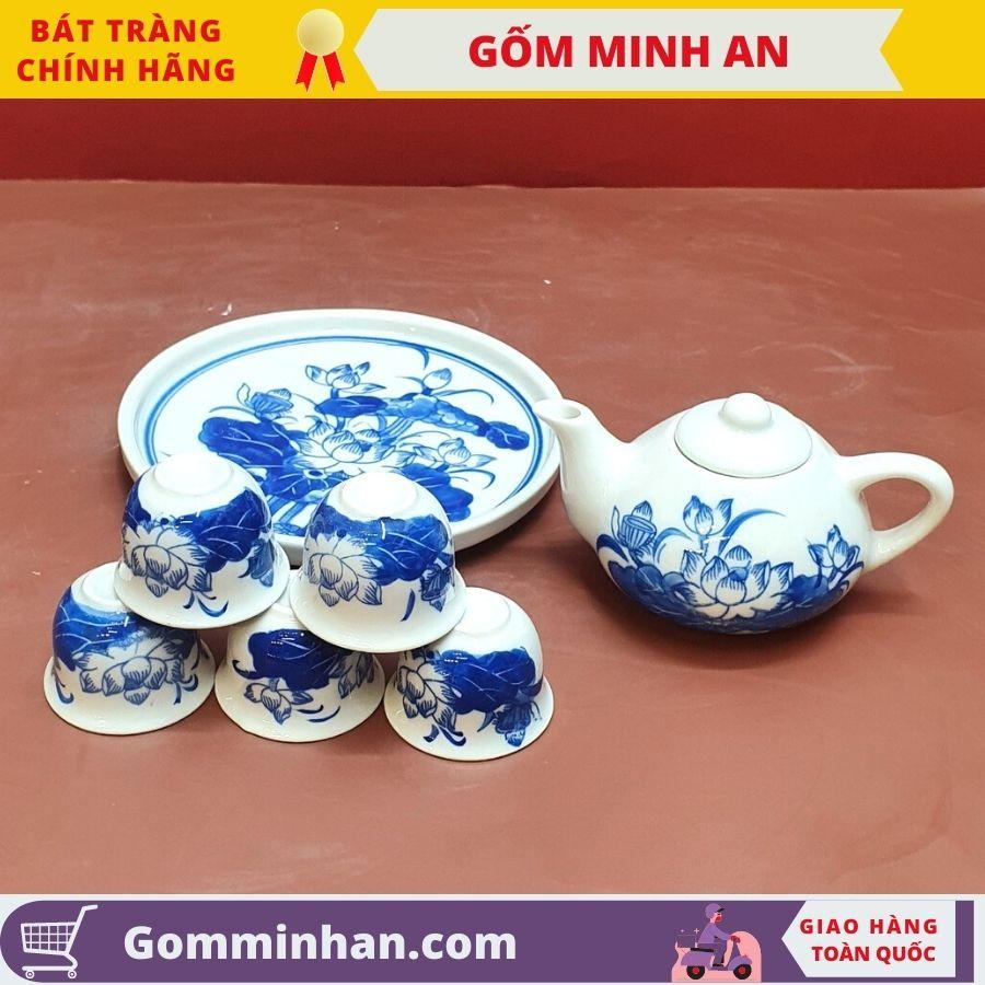 Bộ trà thờ Bộ ấm chén thờ vẽ hoa sen- Gốm Sứ Bát Tràng- Gốm Minh An