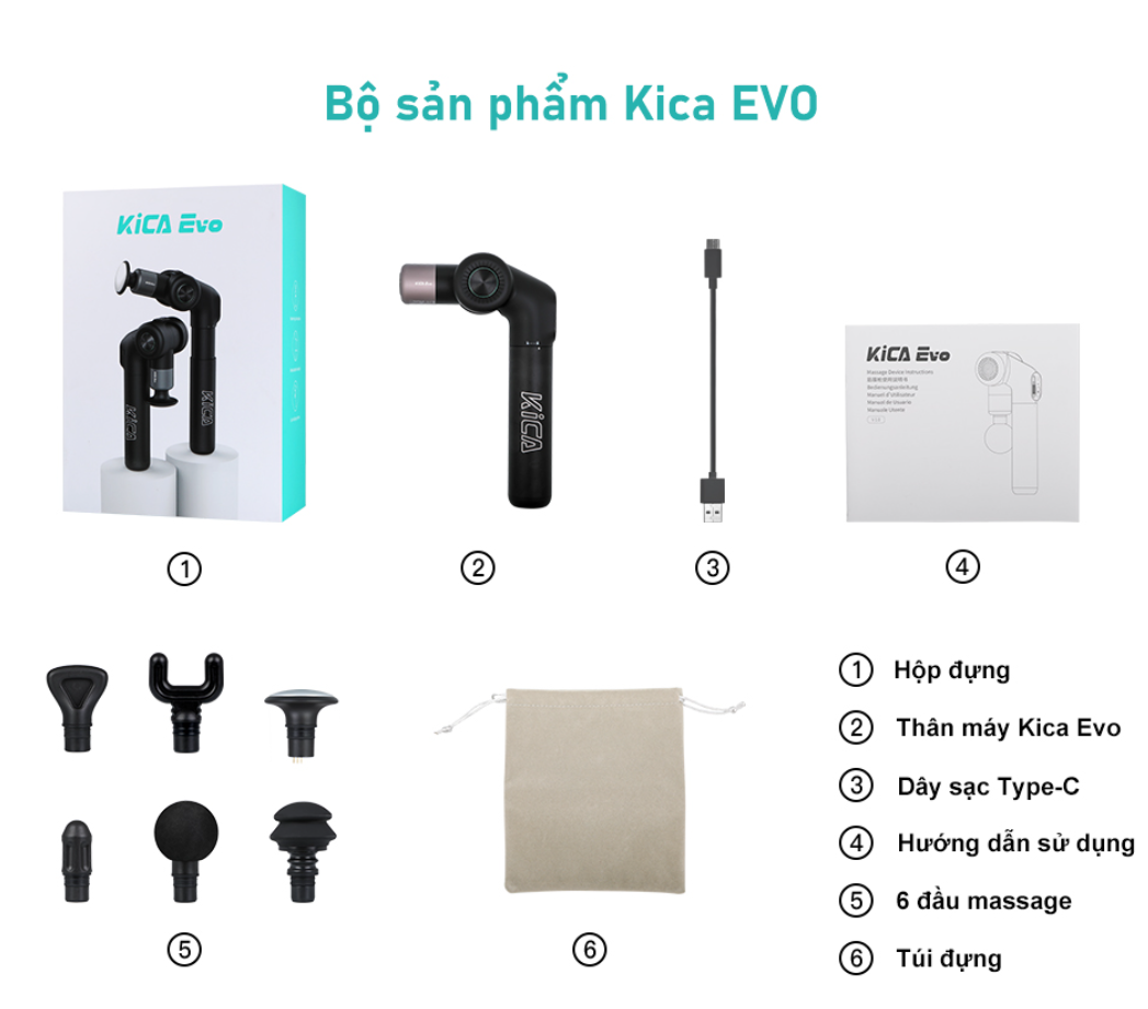 Máy Massage KICA EVO Máy Massa Cầm Tay Điều Chỉnh 6 Góc Linh Hoạt Sử Dụng 6 Đầu Massa Có Đầu Nén Nóng Giúp Massa Dễ Chịu