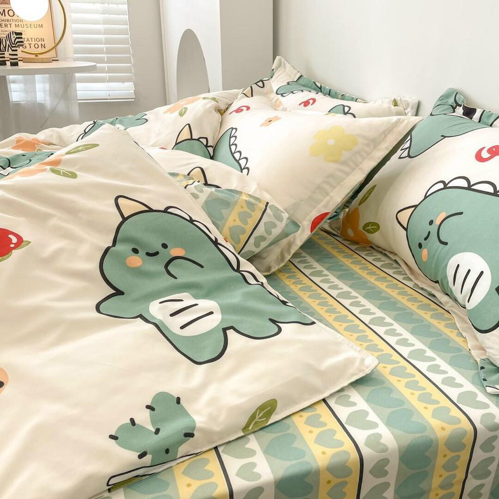 Bộ chăn ga gối Cotton Poly khủng long cà chua Minh Nhật ngộ nghĩnh đáng yêu - hàng nhập khẩu