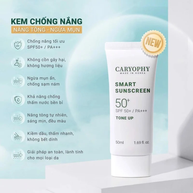 Kem chống nắng ngừa mụn, nâng tone, mờ thâm, bảo vệ da khỏi tia UV Caryophy Smart Sunscreen 50ml - TONE UP