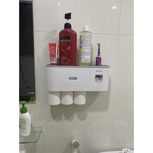 Kệ Để Đồ Phòng Tắm Nhả Kem Tự Động Tặng Kèm Cốc, Bộ Nhả Kem Tự Động OENON 3 Cốc Đa Năng Dán Tường